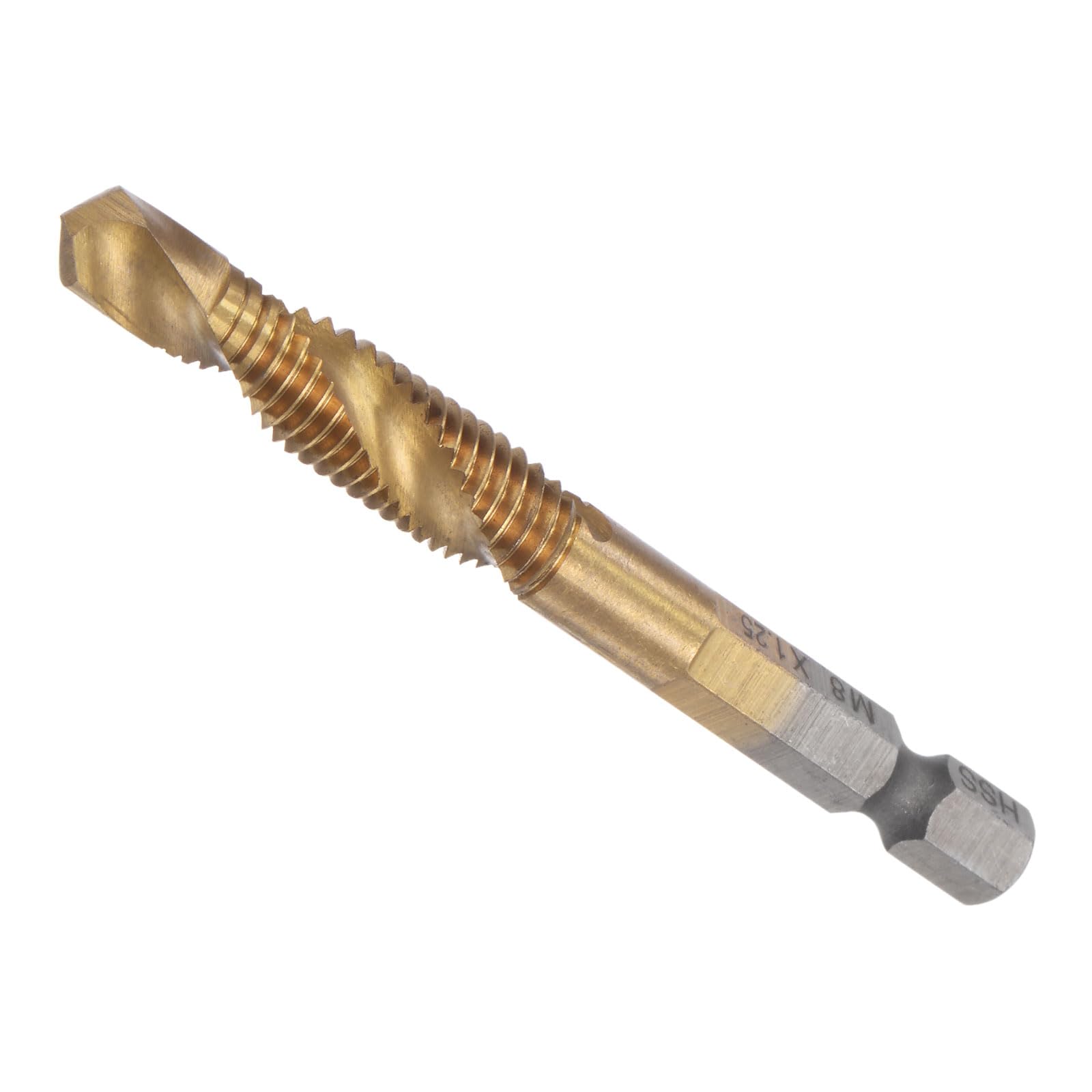 CoCud Combination Drill and Tap Bit, M8 x 1.25 Thread Size 1/4" Hex Shank, Titanium Coated High Speed Steel Long Tools - (Applications: for Aluminum Stainless Steel Plastic Long)