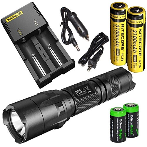 NITECORE P20 800 Lumen high intensity CREE XM-L2 LED specialized tactical duty Strobe Ready flashlight with two Genuine Nitecore NL188 18650 3100mAh Li-ion rechargeable batteries, Nitecore i2 2014 intelligent Charger, Car Charging Cable and 2 X Ediso