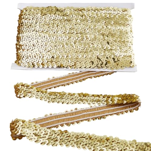 CABODYALS 10M 25mm Gold Stretch Sequin Trim Elastic Glitter Metallic Flat Paillette Braid Ribbon Sparkle Sequins Trimming Strips for Sewing Making Party Costume Xmas Decor Gifts Wrapping Diy Craft