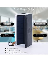 Cargador inalámbrico energía Solar bank tjforever 10000 mAh impermeable Cargador Solar con Qi almohadilla de carga inalámbrica rápida, 3 plegable paneles solares, Dual USB, linterna LED para iPhone X 8 8 Plus, S8, Negro