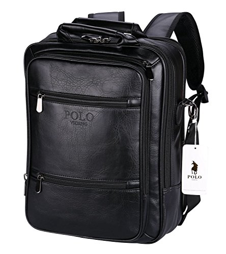 POLO VIDENG Laptop Handbags Backpack Leather Shoulder Bag Business Travel School Bags Fit for 13 15 17 inch (Black-V6)