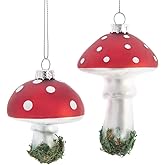 Kurt Adler Mushroom Glass Ornament, Red and White, Set of 2