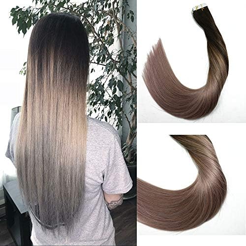 Tape in Human Hair Extensions Silky Straight Skin Weft Ombre Balayage Remy Hair Good Quality Beauty Hair Style 20 Pieces 50g Per Package(Dark Brown to Silver Gray 16inch)
