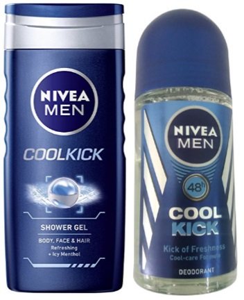 Nivea Bath Care Shower Gel, Cool Kick for Men, 250ml with Nivea Deo, Cool Kick Roll On, 50ml