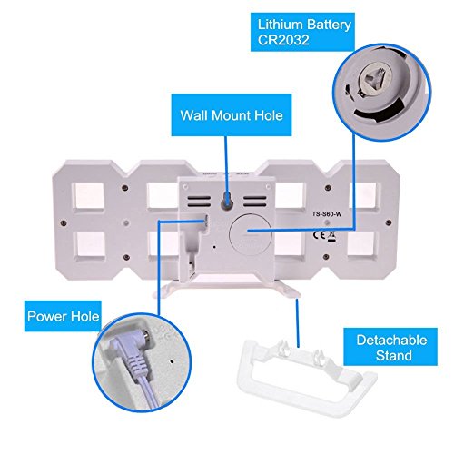 LED Digital Alarm Clock For Desk / Shelf / Tabletop, Modern Home Decoration 3D Wall Clock, Easy To Read at Night, Loud Alarm and Snooze, Big Digit Display (White Frame, Blue Light) - Thumbnail 2