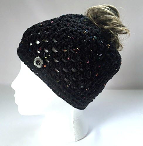 Handmade Messy Bun Hat Aran Black Beanie Fleck Multicolor Wood Button Crochet Pony Tail Holder Runner Cloche