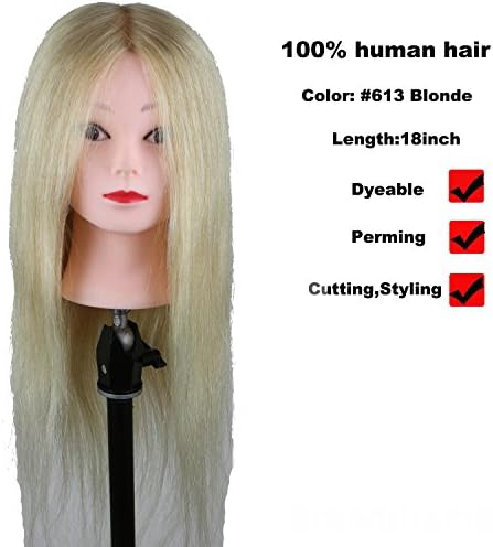 Luxwig 100% Human Hair Mannequin Head Hairdresser Training Head Manikin Cosmetology Doll Head 613 Hair Color 18 Inch
