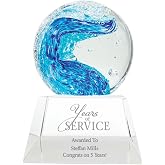 Baudville Blue Wave Art Glass Globe Trophy Crystal Engraved Base - Personalized Engraving Up to Five Lines and Pre-Written Verse Selection - Comes in Gift Box - Award for Employee
