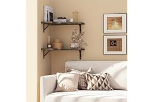 LOVEWE Rustic Floating Wall Shelves, Dark Brown Solid Wood, 40cm x 15cm x 1.5cm, Set of 3 with Metal Brackets, Easy Installat