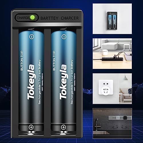 2 Bay 18650 Rechargeable Battery Charger,Smart Charger for Flashlight Headlamp 3.7Volt Lithium ion Batteries(4Pcs Button Top Ba??tt?er??y+Charger)