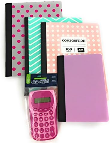 Geometric Composition Notebooks Journals Back To School Set of Three White Dots Pink Dots Turquoise Zigzags Wide-Ruled 100 Pages With Small Pocket Notebook Journal and Small Calculator