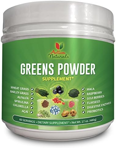 Greens Powder Supplement with Green Veggies, Fruits, Wheat Grass, Spirulina, Digestive Enzymes and Prebiotics