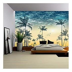 Vector - Tropical Palm Tree Scene at Sunset or Sunrise Highly Detailed and Editable - Removable Wall Mural | Self-Adhesive Large Wallpaper - 66x96 inches
