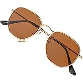 HJSTES Small Polarized Sunglasses Women Men Trendy Hexagonal Metal Frame Mirrored Lens UV Protection