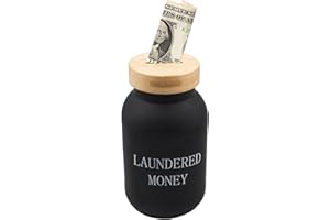 Laundry Room Bank Coin, Creative Laundered Money Tip Jar, Black Glass Mason with Bamboo Lid and Money Slot, Rustic Piggy Bank