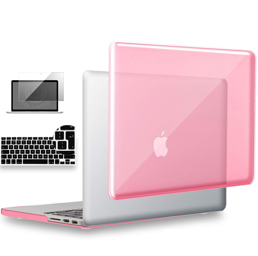 UESWILL 3in1 Glossy Crystal Clear Hard Shell Case Cover Compatible with MacBook Pro 15 inch with Retina Display (Model: A1398) + EU/UK Version Keyboard Cover and Screen Protector, Pink