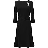 Hobemty Women's Funeral Dress with Brooch 3/4 Sleeve Boat Neck Fishtails Midi Dress