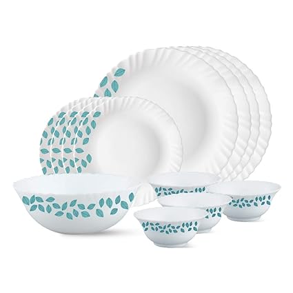 Larah by Borosil Blue Leaves Opalware Dinner Set, 13-Pieces, White