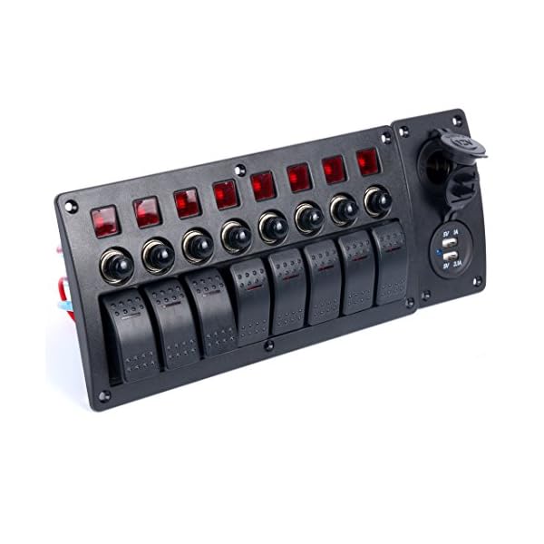 Amarine-made-8-Gang-Red-LED-Indicators-Rocker-Circuit-Breaker-Waterproof-Marine-Boat-Rv-Switch-Panel-Combined-with-Dual-USB-12v-Power-Adapter-Panel-PN-CB8-R-CB1S1S2