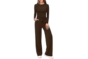 WIHOLL Lounge Sets for Women 2 Piece Vacation Outfits Long Sleeve Tops with Side Ruched Wide Leg Pants Matching Sets