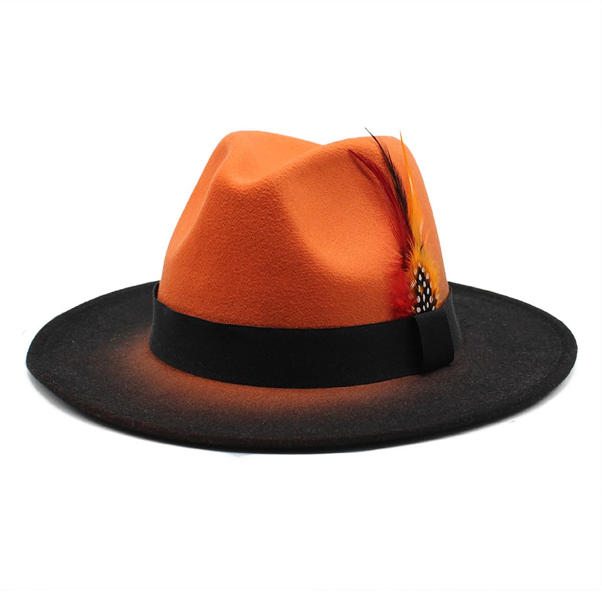 Photo 1 of BUDUBIBI Fedora Hat for Men and Women, Classic Woolen Adjustable Felt Panama Hat with Feather Wide Brim Gradient Jazz Cap(56-58cm, Orange+Black)