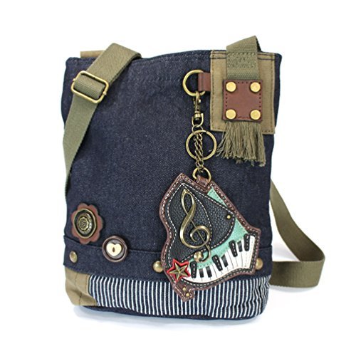 Chala Patch Cross-Body Handbag, Denim Canvas Messenger Bag, Detachable Piano Design Key Fob, Coin Purse
