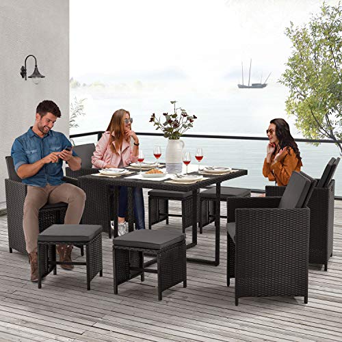 Juskys Polyrattan Sitzgruppe Baracoa L 9-teilig wetterfest, stapelbar - 4 Stühle, 4 Hocker, Tisch mit Glasplatte, Kissen - 8 Personen - Gartenmöbel Set für Garten, Terrasse – Bild 4