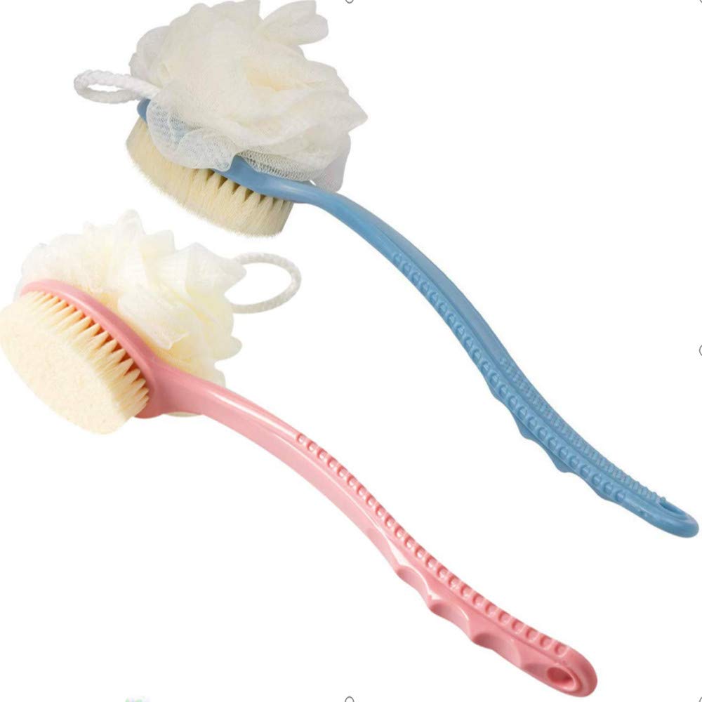 2 Pack Shower Body Brushes with Bristles and Loofah, Back Scrubbers Bath Mesh Sponge with Curved Long Handle for Exfoliating Skin, Massage Bristles Suitable for Wet or Dry, Men and Women (Blue & Pink)