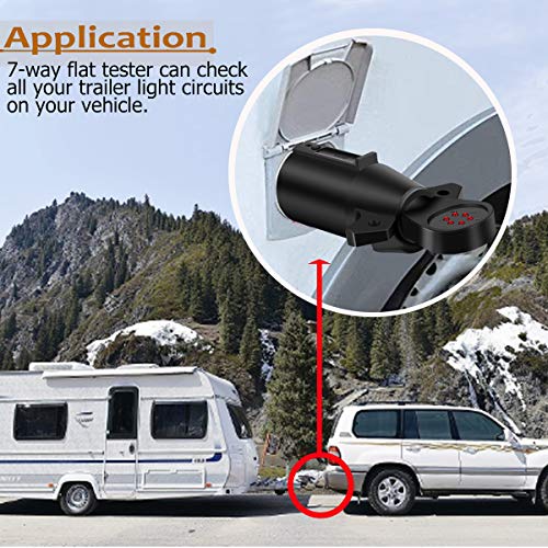 SUZCO 7-Way 6 Function RV Trailer Plug Light Circuit Tester Adapter, Black Round 7 Flat Pin Controller 12V for RV Trailer Boat SUV Truck