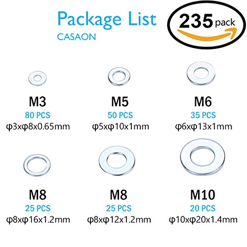 235Pcs 6 Sizes Stainless Steel Flat Washers Assortment Set (M3 M5 M6 M8 M10)
