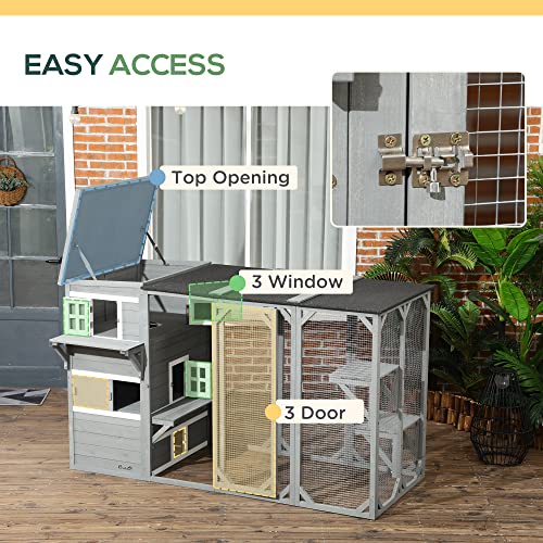 PawHut Wooden Cat Catio, 76" L Walk in Outdoor Cat House with Asphalt Roof, Platforms, Lockable Doors, 3-Tier Resting Condo, Observation Window, for 2-3 Cats, Light Grey