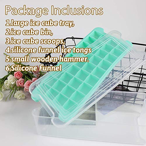 FADIKX Silicone Ice Cube Tray With Lid 36 Ice Cube Molds With Scoop Ice Tongs Silicone Funnel & Wooden Hammer Ice Box Container for Freezer,Chilled Drinks, Whiskey, Cocktail, Food(Blue or Green))