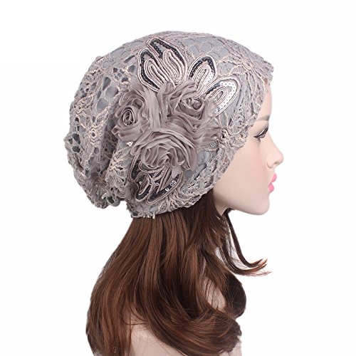 Wcysin Women Embroidery Net Turbans Headwear Head Scarf Head wraps Cancer Hats (Grey)