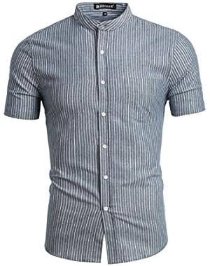 HZ160507 Men Banded Collar Short Sleeves Stripes Pattern Shirt