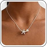 Sttiafay Bohemia Starfish Pearl Pendant Necklace Tiny Pearl Chain Necklace Silver Starfish Choker Necklace Vintage Star Pendant Necklace Jewelry for Women