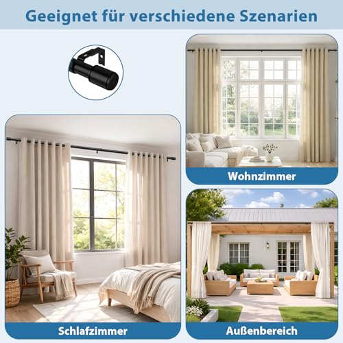 TRAROD Curtain Pole 79-253 cm, Curtain Rail Extendible 25 mm Diameter, Maximum Load 15 kg, Curtain Pole Black for Bedroom, Living Room, Kitchen