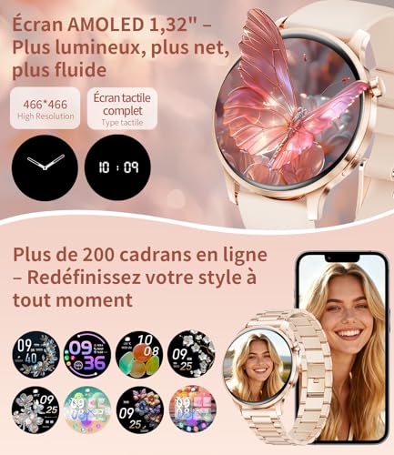 Women's Smart Watch with Bluetooth Calling, 1.32 Inch AMOLED Smartwatch, 120+ Sports Sleep, Pedometer, Heart Rate/Sleep/IP68 Waterproof Running Watch Compatible with Android iOS (Rose Gold)