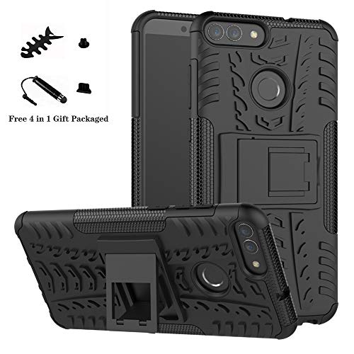 Huawei P Smart case,LiuShan Shockproof Heavy Duty Combo Hybrid Rugged Dual Layer Grip Cover with Kickstand For Huawei P Smart Smartphone (With 4in1 Packaged),Black