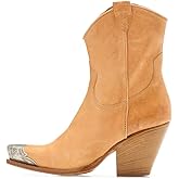 keleimusi Women's Western Cowgirl Ankle Boots Stacked Block Heel Cowboy Booties Steel Toe Heeled Short Cowboy Boots Side Zipper Western Booties