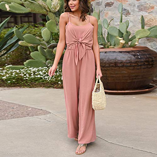 Women's Casual Jumpsuit Romper, Knot Front Spaghetti Strap Sleeveless Wide Leg Long Pant Playsuit Pink
