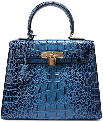 New Kelly Bag 3D Crocodile Pattern Embossed Genuine Leather Handbags Fashion Shoulder Bag Diagonal Bag Evening Package Mummy Bag (Blue, 25 * 20 * 10cm)