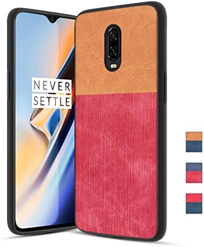 OnePlus 6T Case with Dual Layer Shockproof Half PC Back & TPU Soft Jeans Lines Full-Body Protective Armor Scrape Proof Heavy Duty case, Orange+Red