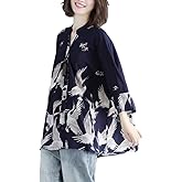 GK-O Women Japanese Style Crane Print Long Sleeve Chiffon Shirt Loose Fit Blouse