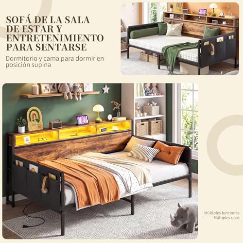 112*195*105CM Grande Sofa, Sofá Cama, Sofá Cama Individual con Respaldo con Almacenaje, luz LED y Toma de Corriente, Sofá Para Sala Apto Para Colchón de 100*190 (Sin Colchón)（Color Retro）