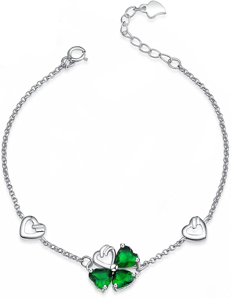 Women's Sterling Silver Green Four Leaf Clover Crystal Charm Bracelet