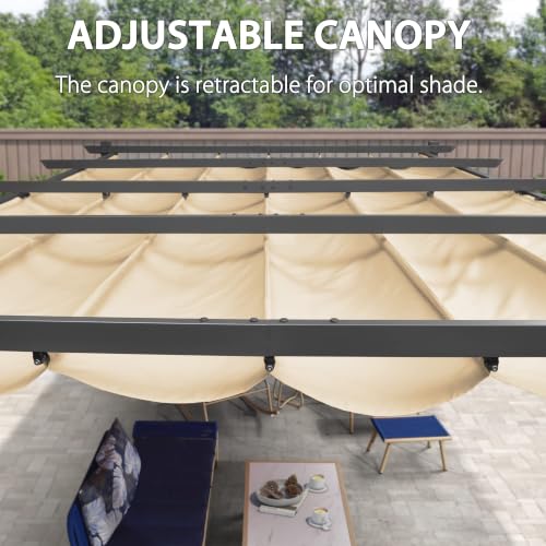 PURPLE LEAF 12' X 16' Outdoor Retractable Pergola with Sun Shade Canopy Patio Metal Shelter for Garden Porch Beach Pavilion Grill Gazebo Modern Yard Grape Trellis Pergola, Beige