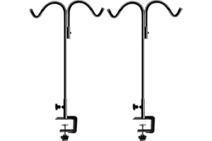 Koutemie 40 Inch Tall Double Deck Hook for Railing, Adjustable Outdoor Shepherds Hook with 2-Inch Strengthened Clamp for Hanging Plant Bird Feeder, 2 Pack