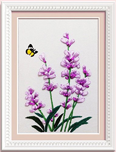 Cozy Hut Ribbon embroidery Kit Handmade flower design for beginner DIY Wall Decor lavender (No frame)