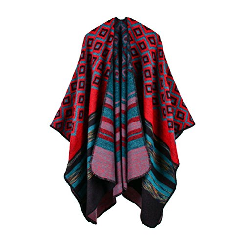Jelinda Women Blanket Shawl Wrap Open Poncho Cape Winter Large Warm Diamond Scarf (red)