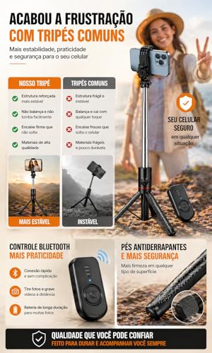 Tripé para Celular 1,70m com Altura Ajustável, Bastão de Selfie 3 em 1 com Controle Bluetooth, Rotação 360°, Portátil para Vídeos, Fotos e Lives, iPhone e Android